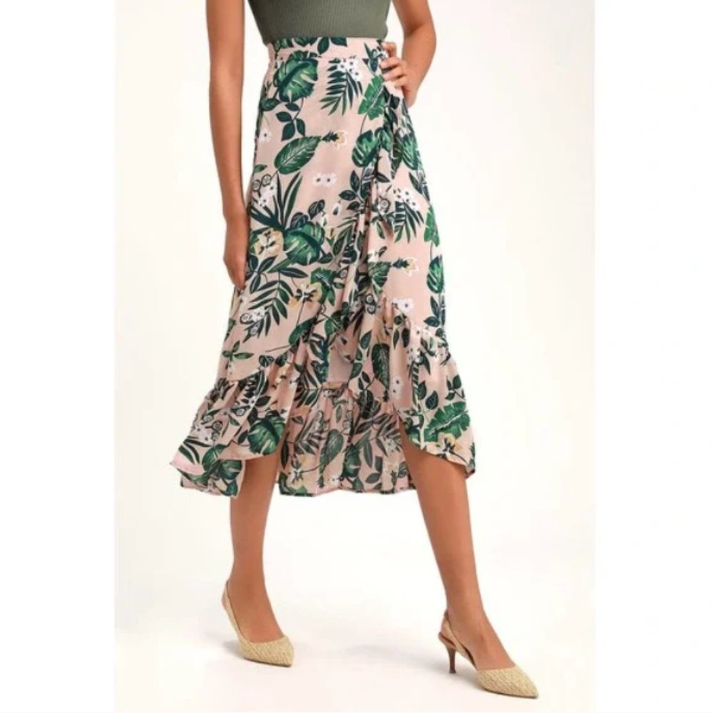 Floral Ruffle Midi Skirt - Green Leaf on Blush